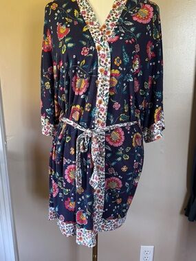 Layla Floral Trim Navy Wrap Robe with Tie Belt